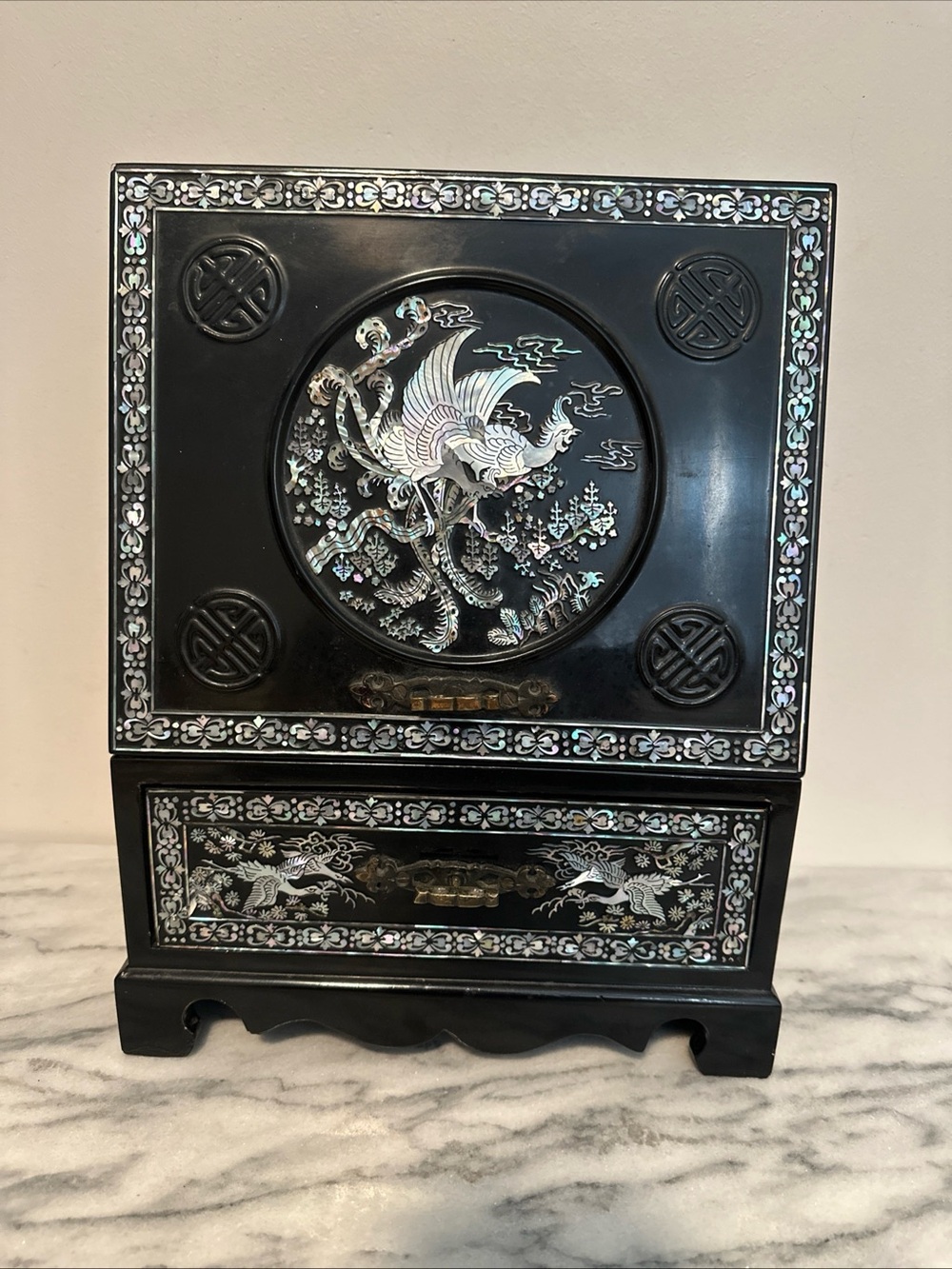 Korean Black lacquer & Mother-of-Pearl bird Inlay Jewelry Box -beveled mirror